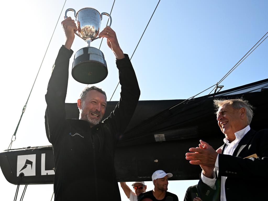 Christian Beck, Skipper of LawConnect celebrates winning line honours at the 2023 Sydney to Hobart. Picture: Getty