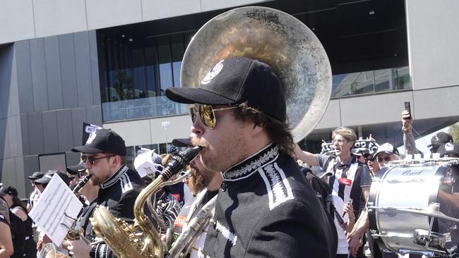 A Collingwood marching band getting supporters fired up before the game. Picture: NCA NewsWire / Valeriu Campan