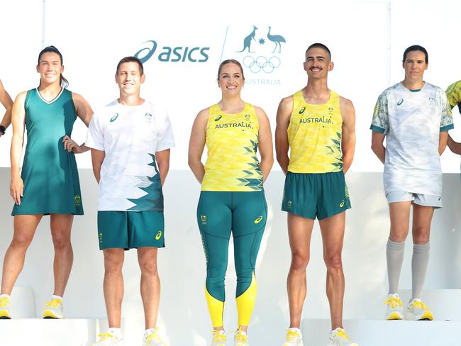 SYDNEY, AUSTRALIA - MARCH 07: Athletes pose on stage during the Australian 2024 Paris Olympic Games ASICS Uniform Launch at Yurong Point (Mrs Macquarie's Chair) on March 07, 2024 in Sydney, Australia. (Photo by Mark Metcalfe/Getty Images)