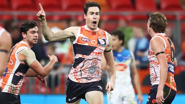 Jeremy Cameron celebrates a GWS goal.