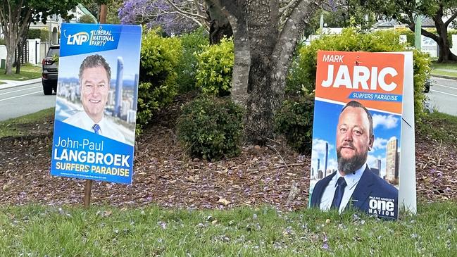 Election signage in the electorate of Surfers Paradise. It includes Surfers Paradise itself as well as Main Beach, Broadbeach, Broadbeach Waters, Clear Island Waters and parts of Bundall, Benowa and Carrara. Picture: Ashleigh Jansen