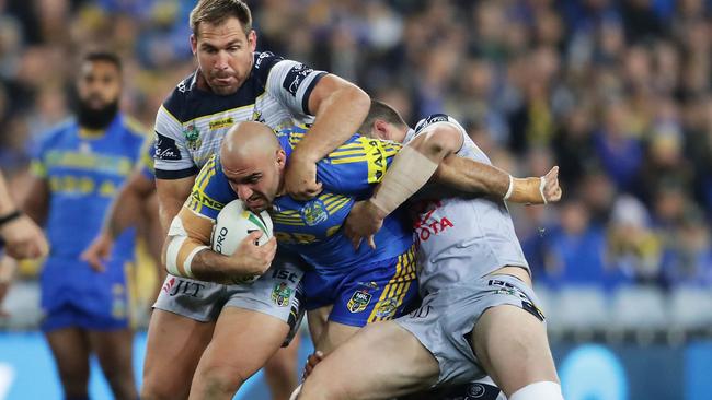 Tim Mannah on the charge for the Eels against the Cowboys at ANZ Stadium.