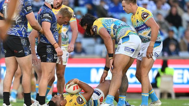 The incident involving Moeaki Fotuaika and Reed Mahoney on the weekend. NRL PHOTOS