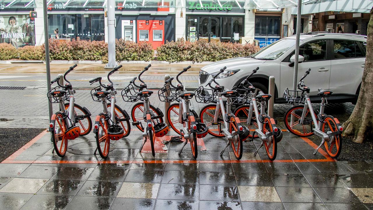 Mobikes parked at a station in Surfers Paradise back in 2018. Picture: Jerad Williams