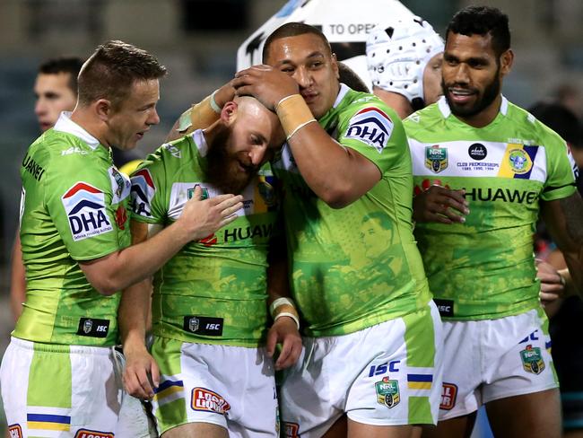 Canberra Raiders vs Penrith Panthers at GIO Stadium in Canberra. Raiders Kurt Baptiste scores