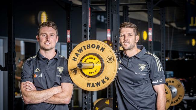 Hawks best mates Liam Shiels and Luke Breust will each play their 250th game against Collingwood on Sunday. Picture: Jake Nowakowski