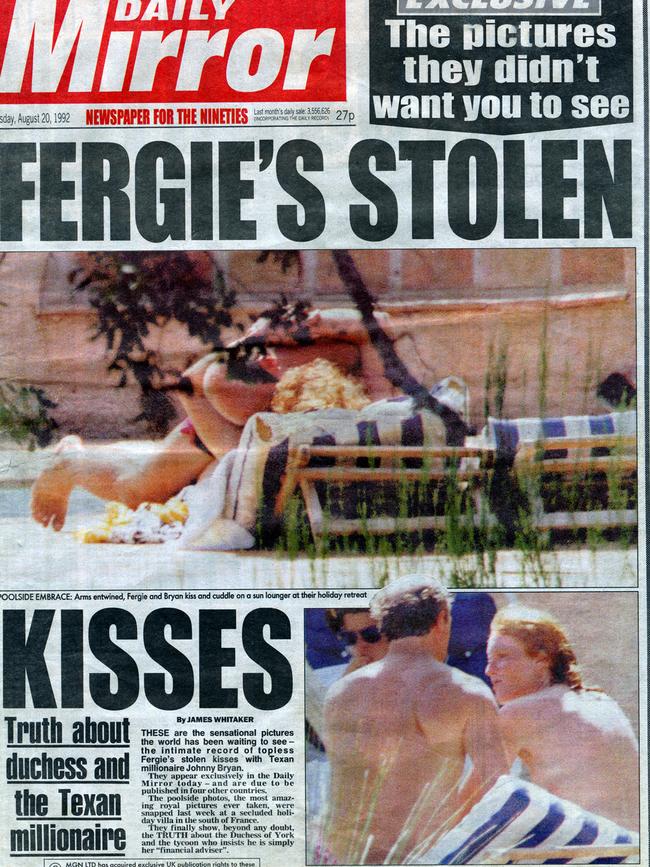 The front page of August 20, 1992 was dominated by a picture of Sarah Ferguson lying topless by a pool in St Tropez embracing her ‘financial adviser’. Picture: Supplied