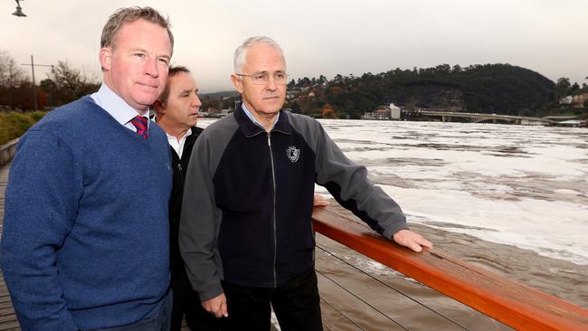 Prime Minister Malcolm Turnbull and Tasmanian Premier Will Hodgman in flood-ravaged northern Tasmania, near Launceston. Picture: Adam Taylor