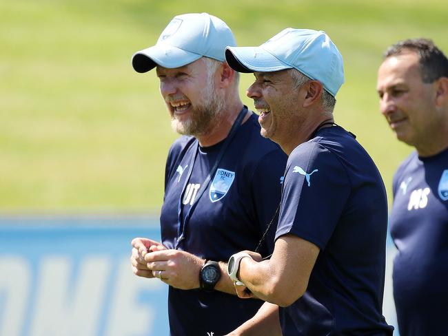 DAILY TELEGRAPH - Pictured at Sydney FC training in Macquarie Park today are coaching duo Ufuk Talay and Steve Corica. Picture: Tim Hunter.