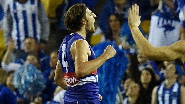 Marcus Bontempelli celebrates a goal. Photo: Tracey Nearmy