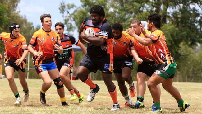 Gordon Santo runs the ball for Wests Tigers in the 2017 Shorty Moffat Cup.