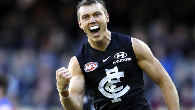 Patrick Cripps celebrates one of his four goals as Carlton stormed home to defeat Brisbane Lions last year.