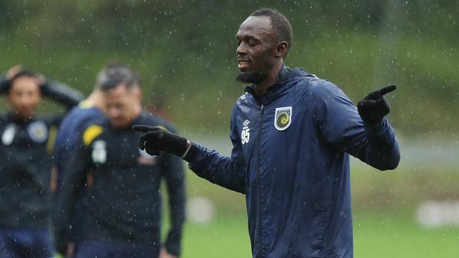 Usain Bolt at Central Coast Mariners training on Wednesday. He says he’s excited about the opportunity to take the field again in Friday. Picture: Brett Costello