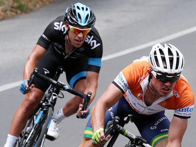 Tour Down Under - Stage 3 - Norwood to Campbelltown. Simon Gerrans loses the Ochre Jersey to Cadel Evans. Coming down the decent of the Corkscrew with Australian Sky rider Richie Porte behind him. PIC SARAH REED. Picture: Reed Sarah