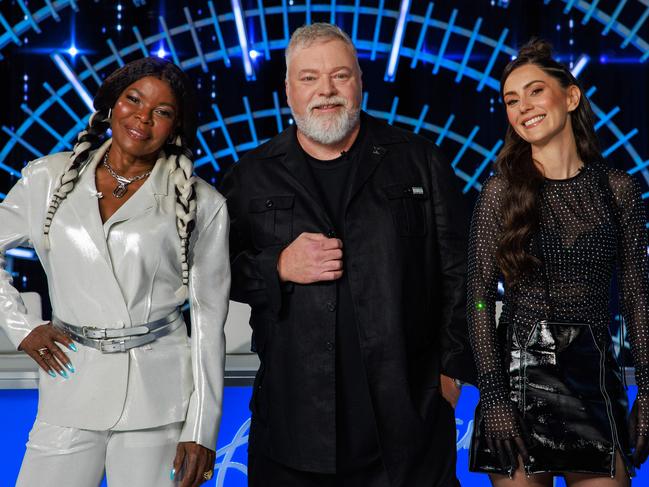 Marcia Hines, Kyle Sandilands and Amy Shark, on the set of Australian Idol, at the SCG, Moore Park, today. Picture: Justin Lloyd.