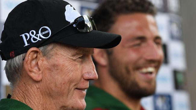 Wayne Bennett (left) and Sam Burgess will be heading to Coffs Harbour in July for a Orara Valley Axemen fundraising dinner. (AAP Image/Dean Lewins) NO ARCHIVING