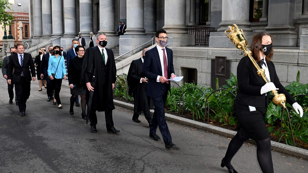 MP Dan Cregan (second from right) on the walk with fellow MPs from Parliament House on North Terrace to Government House for his swearing in as Speaker in the state parliament's lower house. Picture: NCA NewsWire / Naomi Jellicoe