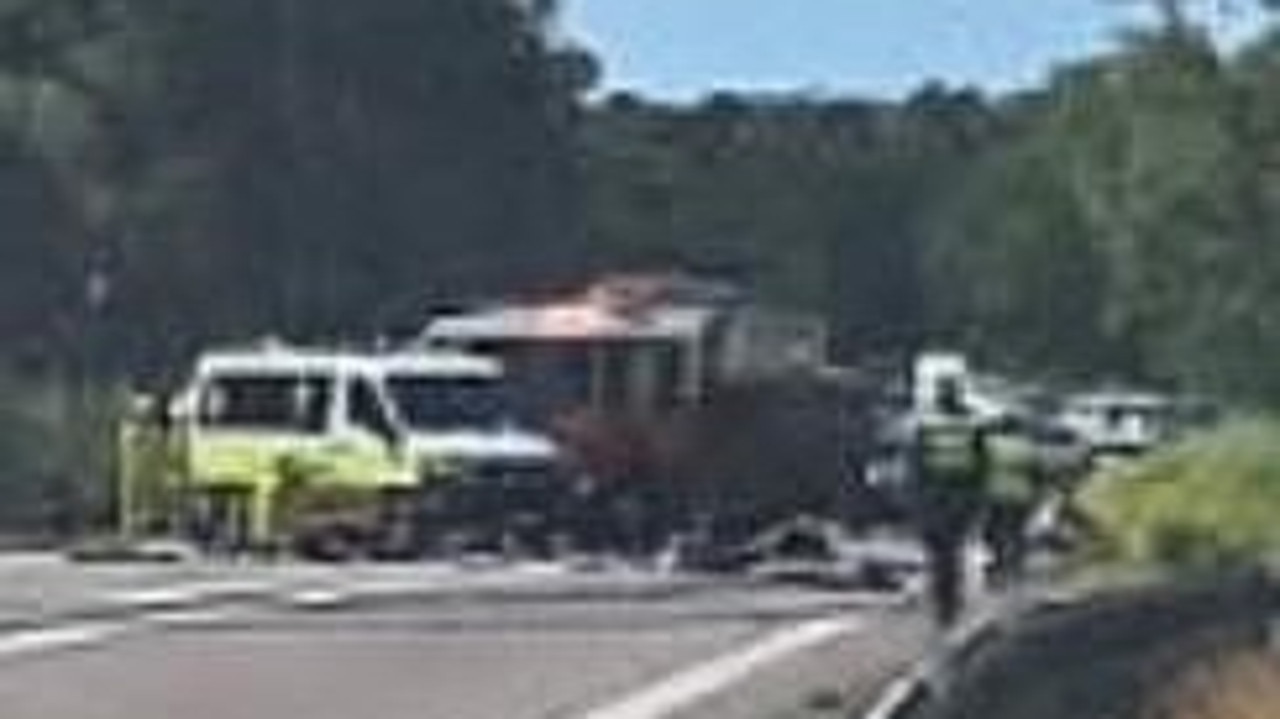 A photograph from the scene of the accident on the Bruce Highway, Cromarty, south of Townsville. It shows skid marks from the truck as it crossed the centre-line, allegedly to avoid a collision with an oncoming vehicle. Picture: Supplied