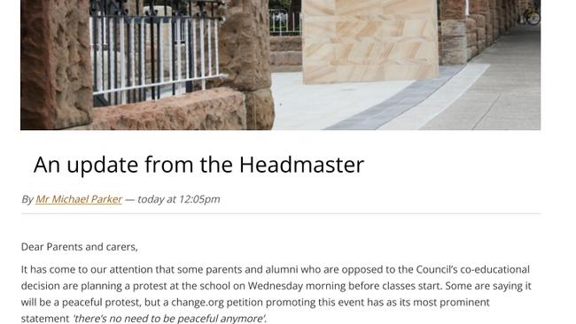 An excerpt from Newington College headmaster Michael Parker's latest message to parents. Supplied