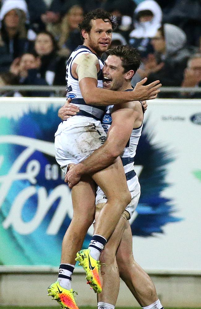 Tom Hawkins also kicked four goals in the Cats’ win. Picture: George Salpigtidis