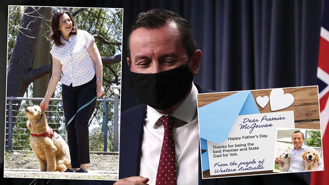 Annastacia Palaszczuk and her dog Winton, left, Mark McGowan, main picture, and the e-card the Labor Party urged WA residents to send to their Premier for Father's Day. Pictures: News Corp/News Corp/Supplied