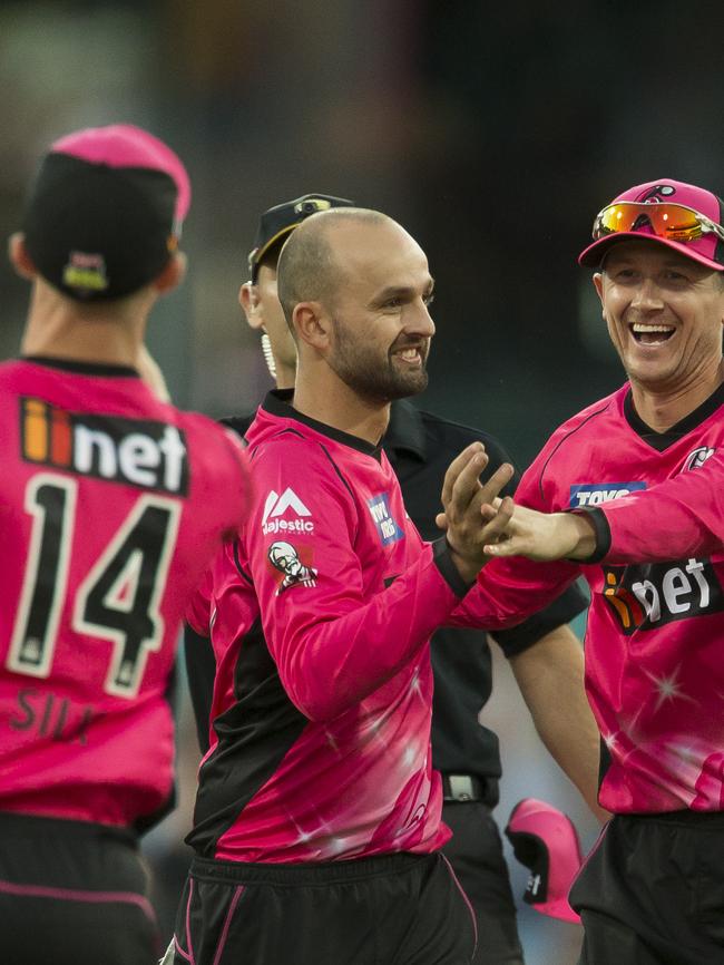 Nathan Lyon of the Sydney Sixers celebrates after taking a Big Bash League wicket against Brisbane Heat at the SCG this week. Picture: AAP Image/Craig Golding