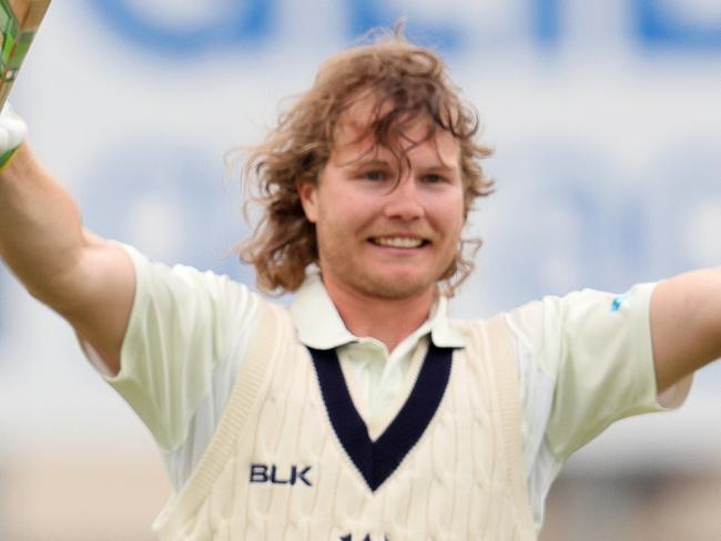 ADELAIDE, AUSTRALIA - OCTOBER 31: William Pucovski of Victoria celebrates after reaching his century during day two of the Sheffield Shield match between South Australia and Victoria at ACH Group Stadium on October 31, 2020 in Adelaide, Australia. (Photo by Daniel Kalisz/Getty Images)