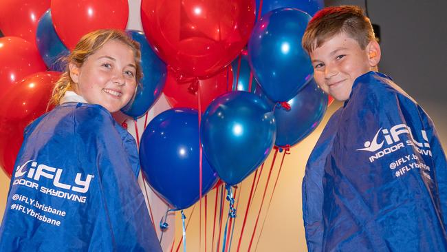 Hayley Volp, 16, and Noah Balfe, 13, are among the first to try out iFLY at Westfield Chermside.