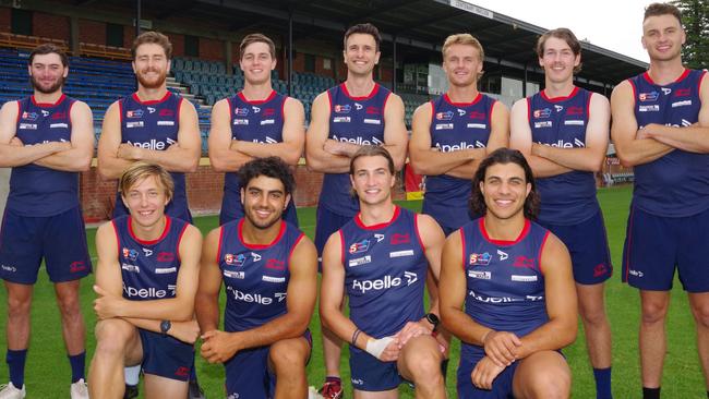 Rostrevor College alumni (back from left) Cam Taheny, Pierce Seymour, Ben Jarvis, Matthew Panos, Jacob Kennerley, Matthew Dnitriasky, Cam Ball, (front from left) Charles Kemp, Xavier Tranfa, Josh Richards and Stefan Lanzoni will all suit up for the Redlegs in 2022 (Ned Carey not present). Picture: John W Emery