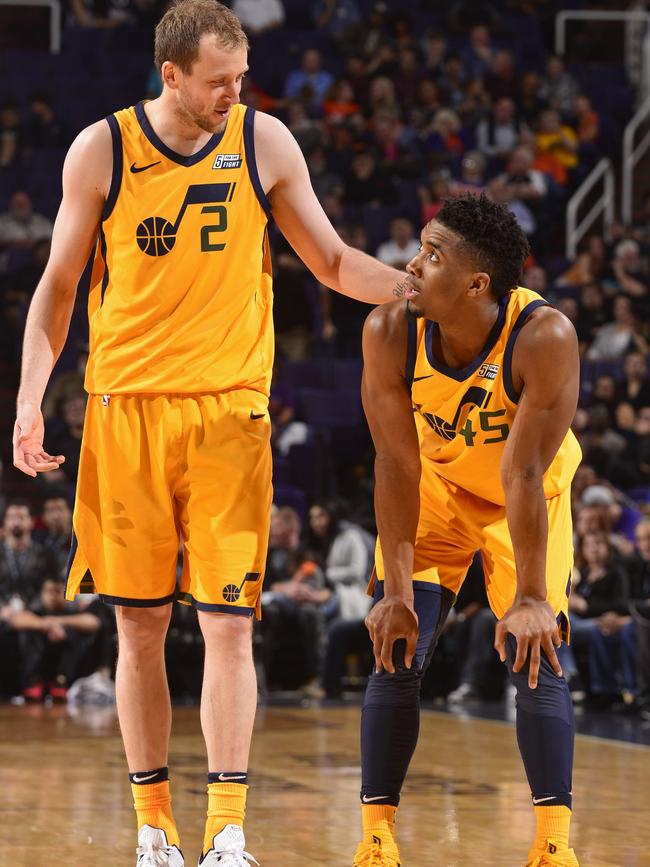 Joe Ingles and young teammate Donovan Mitchell Picture: Barry Gossage/NBAE via Getty Images/AFP