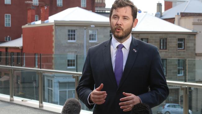 Minister for Police and Emergency Service Felix Ellis speaks to the media at Parliament Square in Hobart on Monday, October 16, 2023.