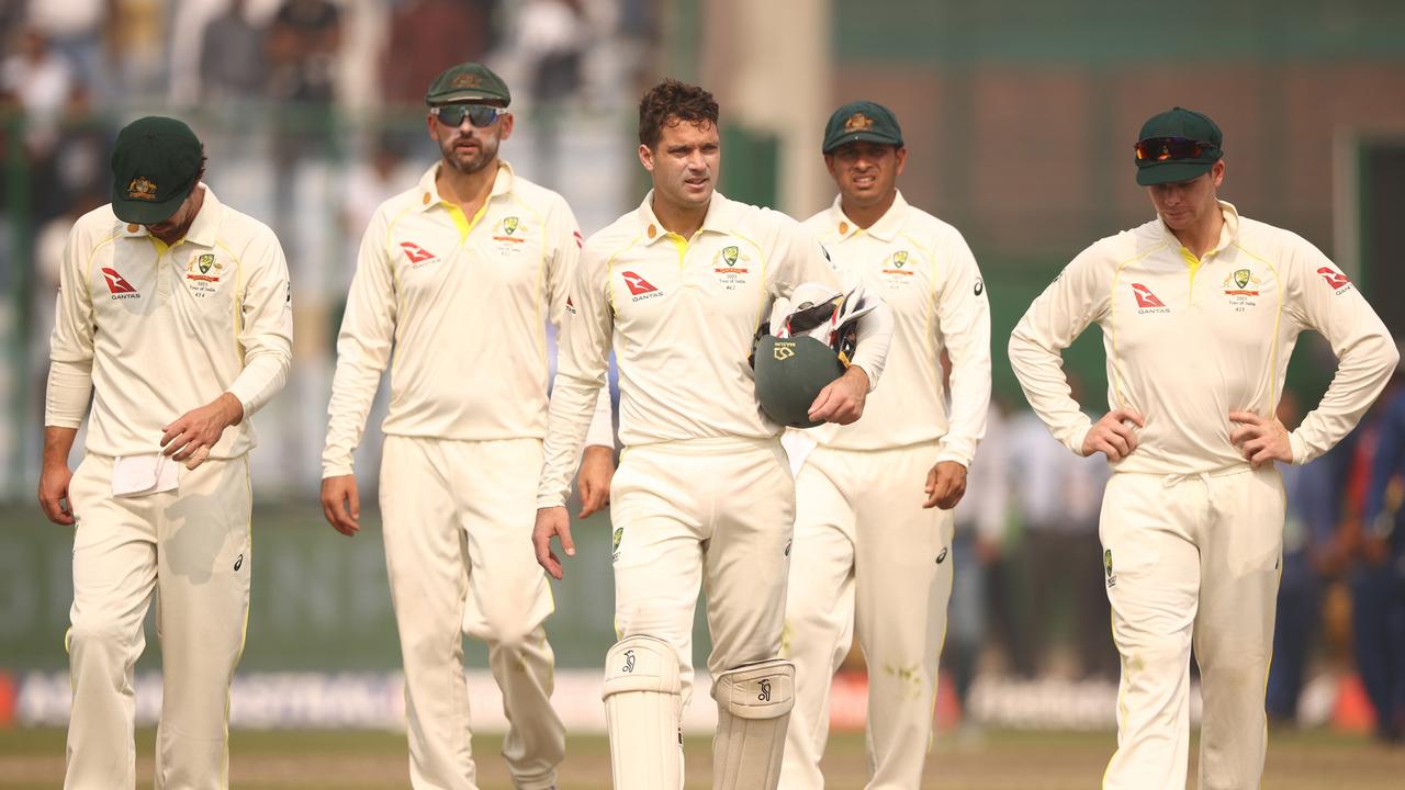 The Australian team walk off after they were defeated by India during day three of the Second Test match in the series between India and Australia. Picture: Robert Cianflone/Getty Images