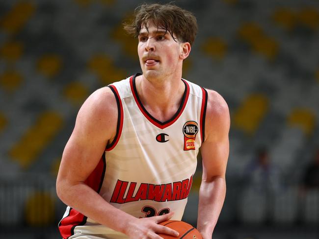 GOLD COAST, AUSTRALIA - SEPTEMBER 12: Lachlan Olbrich of the Hawks during the 2024 NBL Blitz match between Melbourne United and Illawarra Hawks at Gold Coast Sports and Leisure Centre on September 12, 2024 in Gold Coast, Australia. (Photo by Chris Hyde/Getty Images)