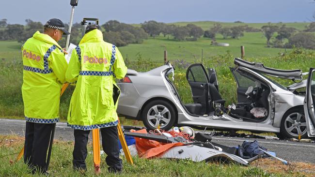 Police at the scene of the two-car crash at Sandlegrove (near Strathalbyn). Picture: Tom Huntley