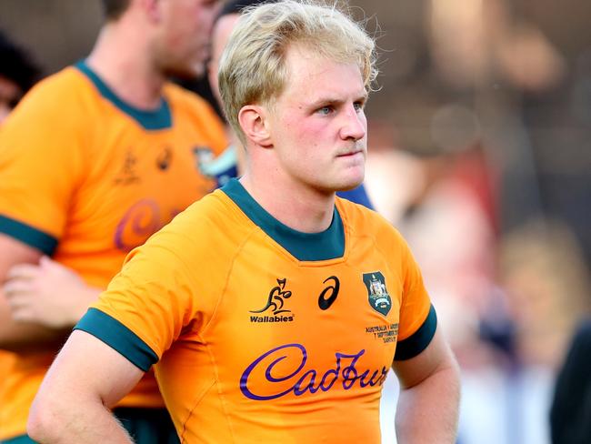 SANTA FE, ARGENTINA - SEPTEMBER 7:   Tom Lynagh of Australia looks dejected at the end of the Rugby Championship 2024 match between Argentina and Australia at Brigadier General Estanislao Lopez Stadium on September 7, 2024 in Santa Fe, Argentina. (Photo by Daniel Jayo/Getty Images)