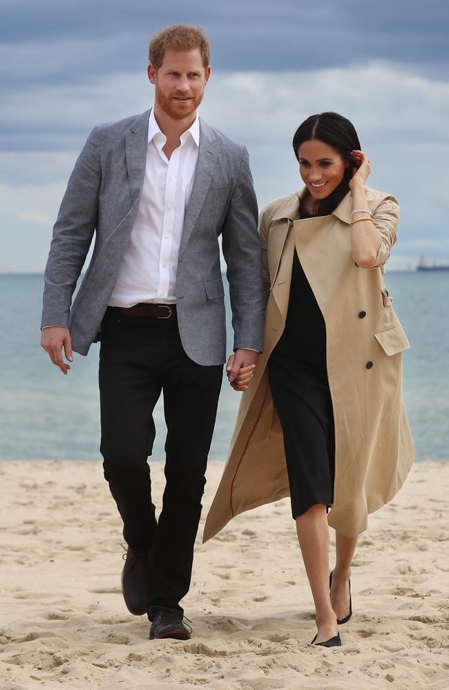 Meghan, right, changed into a pair of black ballet flats for her visit to South Melbourne beach. Picture: Alex Coppel