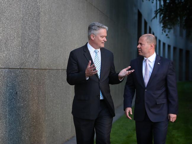 Minister for Finance Senator Mathias Cormann and Treasurer Josh Frydenberg at Parliament House in Canberra. Picture Kym Smith