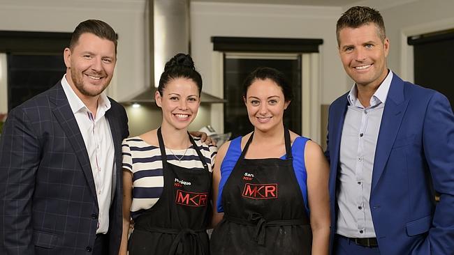 Former MKR contestants Monique Fitzgerald and Sarah Moore, with judges Manu Feildel (left) and Pete Evans (right) who Monique credits with getting her pregnant. Picture: Supplied.