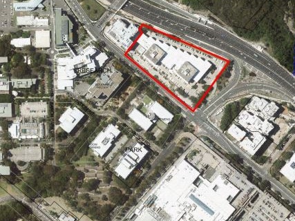 Rejected: The Meriton towers proposal area in Macquarie Park, shaded in red.