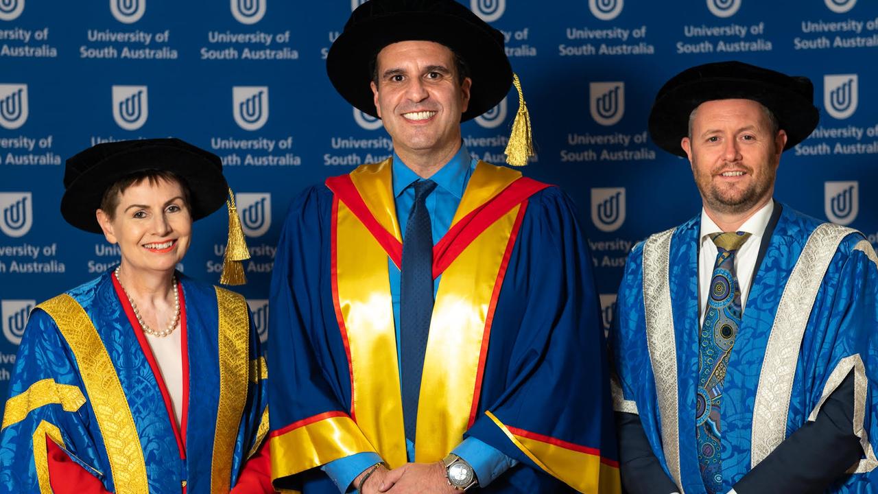 University of South Australia chancellor Pauline Carr, Shaun Bonett and vice chancellor and president David Lloyd. Picture: falconvisuals.com.au