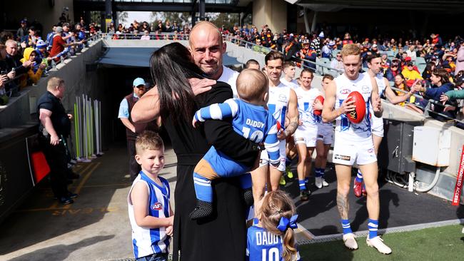 The North Melbourne star was greeted by his family, which brought him to tears. Picture: James Elsby/AFL Photos