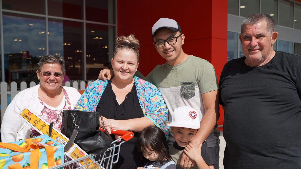 At the new Andergrove Coles on opening day, Saturday, July 17, 2021 were (from left): Sharon Stewart, of South Mackay, Melissa and Joel Mojikon, of Rural View with their children, Anna, 4, and Elijah, 6, and Garry Byatt, of Andergrove. Mrs Mojikon says the store is beautiful and spacious with their favourite section the dedicated chicken nugget freezer. Picture: Heidi Petith