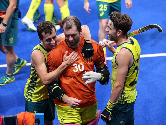 The Kookaburras celebrate victory over Germany on Tuesday night. Picture: Getty Images