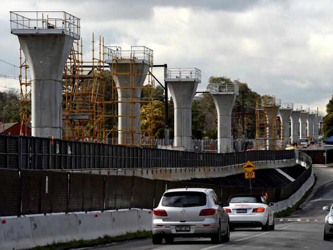 Concrete pylons have been erected along the railway line near Murrumbeena station. Picture: Nicole Garmston