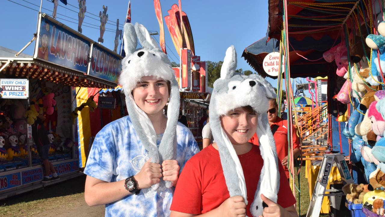 Amber Scullen and Reef Underwood of Proserpine loved their new wolf hats. Picture: Kirra Grimes