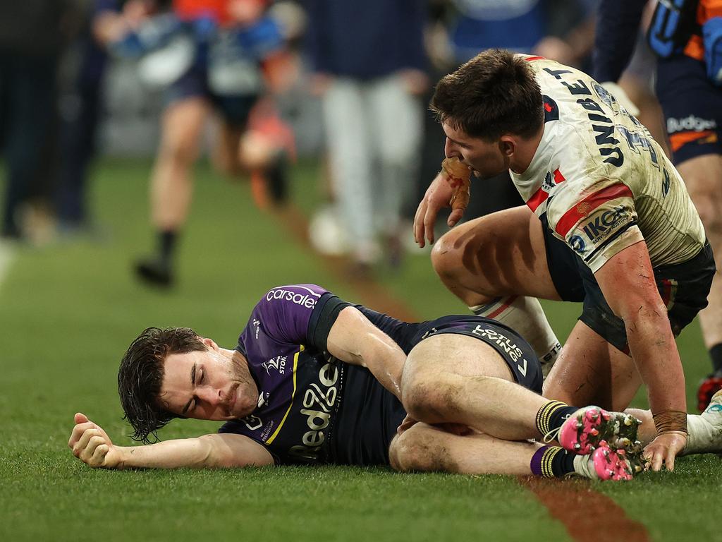 Grant Anderson of the Storm is injured in the final minute of the game. Picture: Getty Images