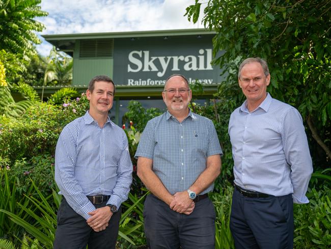 Commonwealth Bank's Group Executive for Business Banking Michael Vacy-Lyle, Chairman of Skyrail Rainforest Cableway Ken Chapman and CBA's Executive General Manager Regional and Agribusiness Banking, Paul Fowler. Picture Emily Barker.