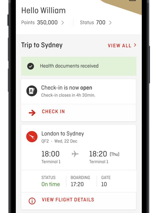 An example of the digital solutions Qantas is offering to simplify international travel.