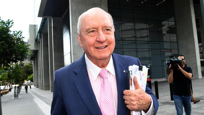 Radio Host Alan Jones leaves the Supreme Court in Brisbane, Monday, April 30, 2018. The Toowoomba-based Wagner family is suing talkback radio host Alan Jones over comments he made during 32 broadcasts in 2014 and 2015. (AAP Image/Dan Peled) NO ARCHIVING