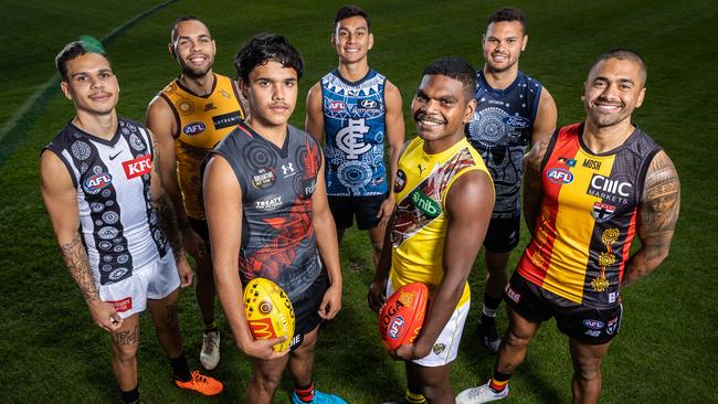 AFLÃs Sir Doug Nicholls Round Launch. Indigenous players (L-R) Bobby Hill, Jarman Impey, Jayden Davey, Jesse Motlop, Maurice Rioli, Brandon Parfitt and Brad Hill. Picture: Jake Nowakowski